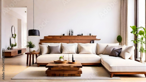 high quality, Captivating Homeliness Biggest Living Room. white color walls, sofa, wooden small table and copy space