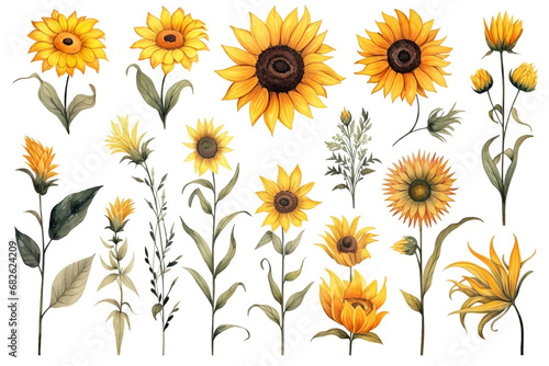 Watercolor paintings Sunflower flower symbols On a white background. 