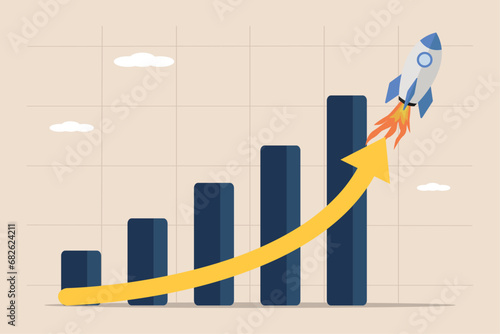 Exponential growth, investment, wealth or income increase graph, financial report graph with exponential arrow of a flying rocket.