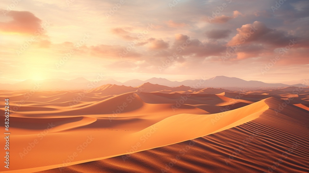 A serene desert landscape with endless sand dunes, touched by the golden rays of the setting sun.