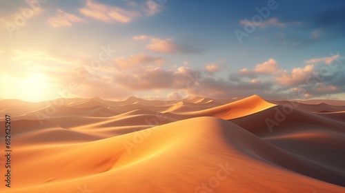 A serene desert landscape with endless sand dunes  touched by the golden rays of the setting sun.