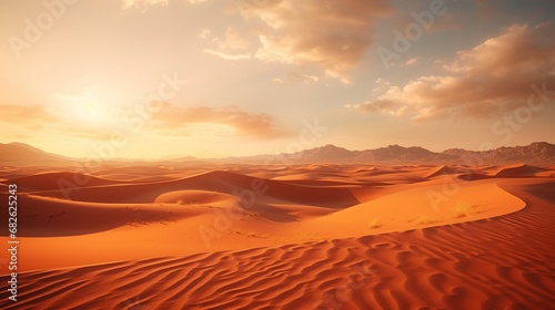 A serene desert landscape with endless sand dunes, touched by the golden rays of the setting sun.