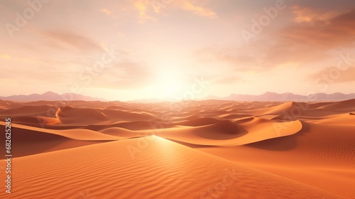 A serene desert landscape with endless sand dunes, touched by the golden rays of the setting sun.