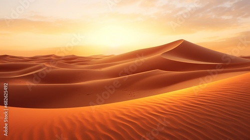 A serene desert landscape with endless sand dunes, touched by the golden rays of the setting sun. © Amna