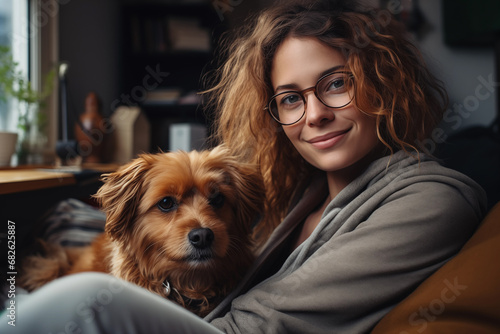 portrait of a woman relaxing on sofa with her dog buddy. cozy home atmosphere