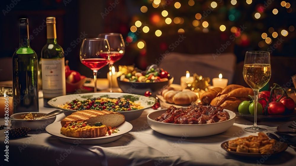 a bunch of Christmas dishes on a table with wine and veggies, xmaspunk 