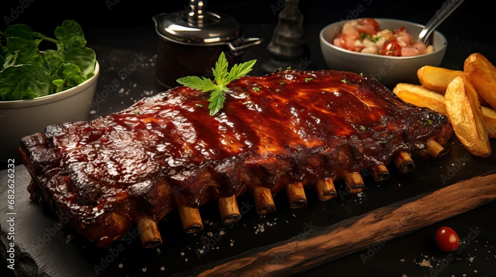 Beautiful juicy dish of baby back ribs at home on wooden cutting board, with french fries