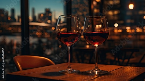 cinematic shot, two red wine glasses sitting on a restaurant table in a beautiful evening setting of a New York restaurant 