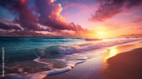 A vibrant sunset over a tranquil beach in full ultra HD.