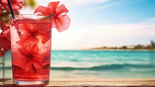 The vibrant red of hibiscus flowers floating atop a glass of iced tea, the scent of the tropics filling the air as seagulls glide by in the background, making this a truly refreshing coastal photo