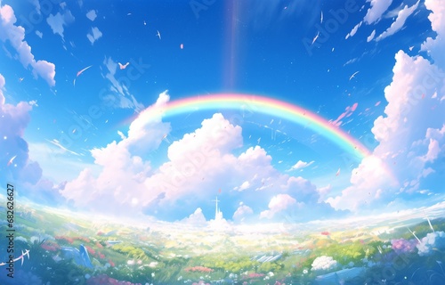 Sky with beautiful rainbow coming out of blue and white clouds, photorealistic style. © samuneko