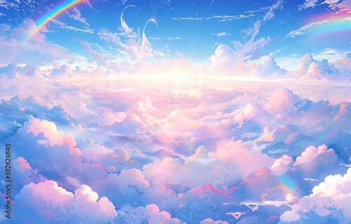 Sky with beautiful rainbow coming out of blue and white clouds, photorealistic style.
