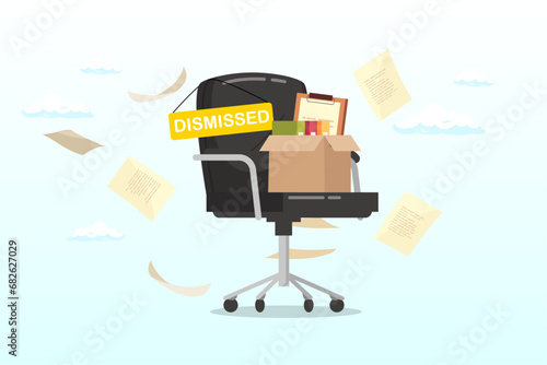 Office chair with package and dismissal sign, dismissed staff, lay off or unemployed employee, losing job or being fired, retired staff, quit or resign from job position (Vector)