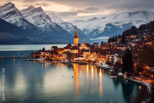 beautiful view of Lake Thun in Switzerland photo