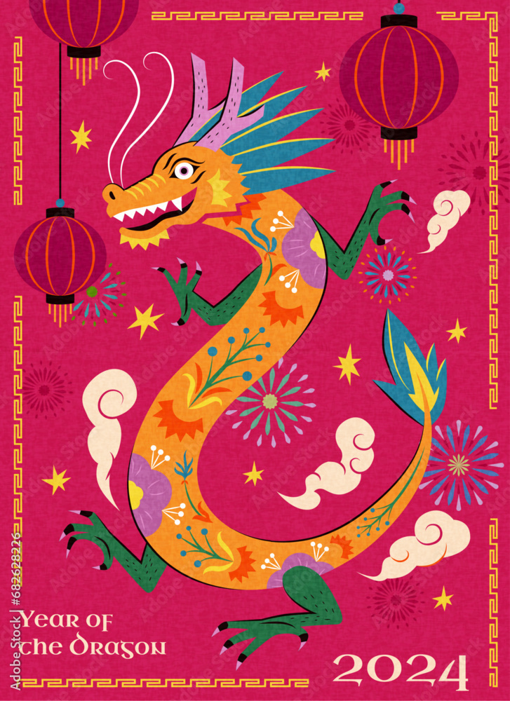 Obraz premium Riso style floral dragon CNY poster