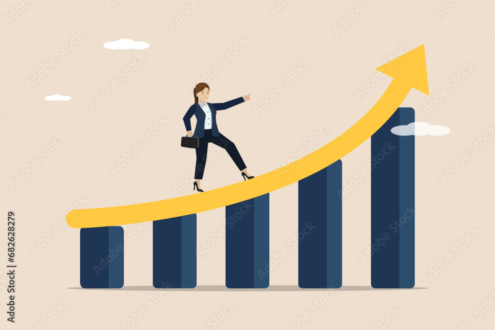 Career growth or performance to achieve success, advancement or challenge concept, businesswoman walking on rising arrow on performance improvement bar graph.