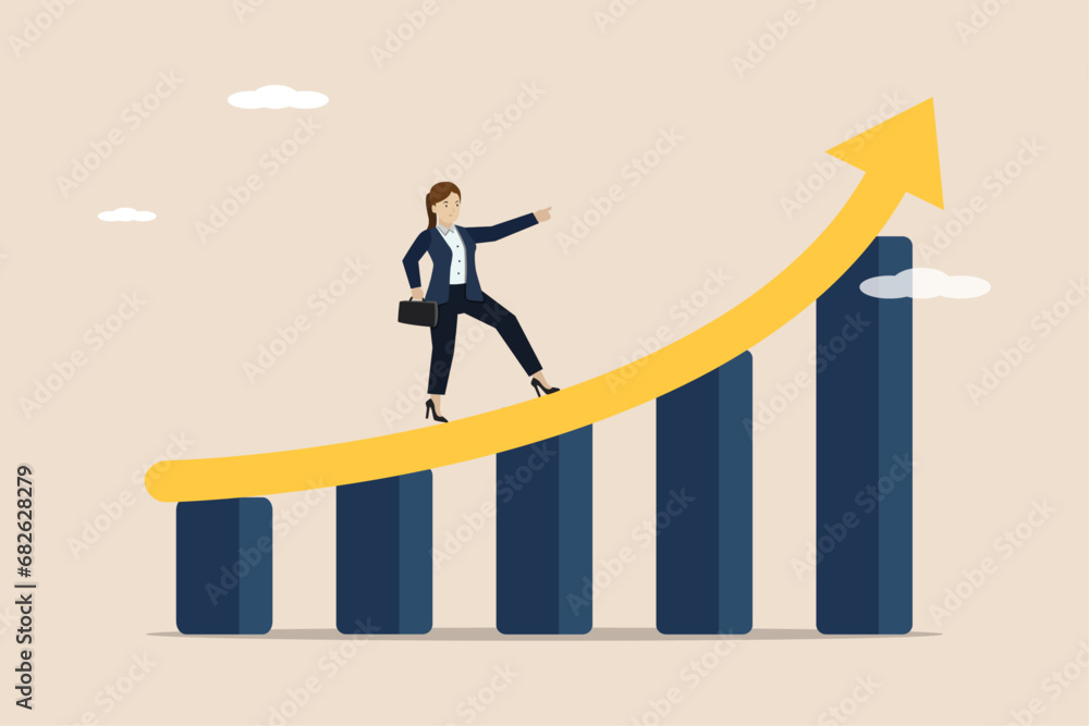 Career growth or performance to achieve success, advancement or challenge concept, businesswoman walking on rising arrow on performance improvement bar graph. Career growth or performance to achieve success, advancement or challenge concept, businesswoman walking on rising arrow on performance improvement bar graph.