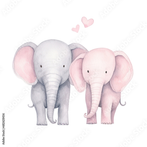 Watercolor illustration of couple elephant, Cute character, Valentine concept, Isolated on background.