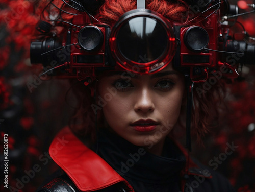 portrait of red cyberpunk girl with abstract background