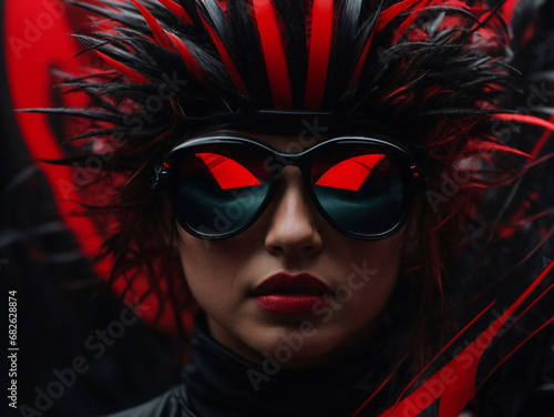 portrait of red cyberpunk girl with abstract background photo