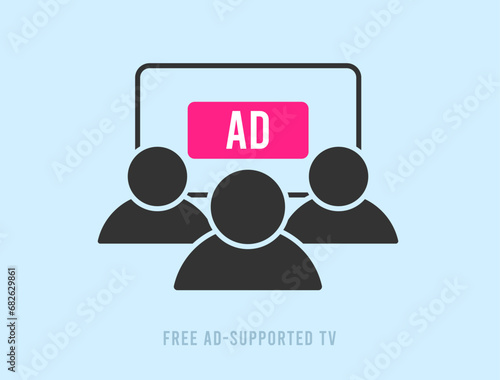 Free ad-supported TV concept. Viewers watch free content in exchange for watching ads. Advertising supported streaming television vector illustration isolated on blue background with icons