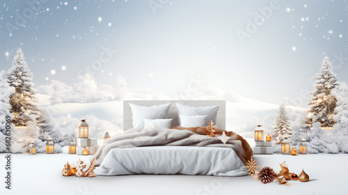 christmas tree in snow White bedroom with christmas tree and comfortable bed and pillows, copy space. concept new year and holidays.

