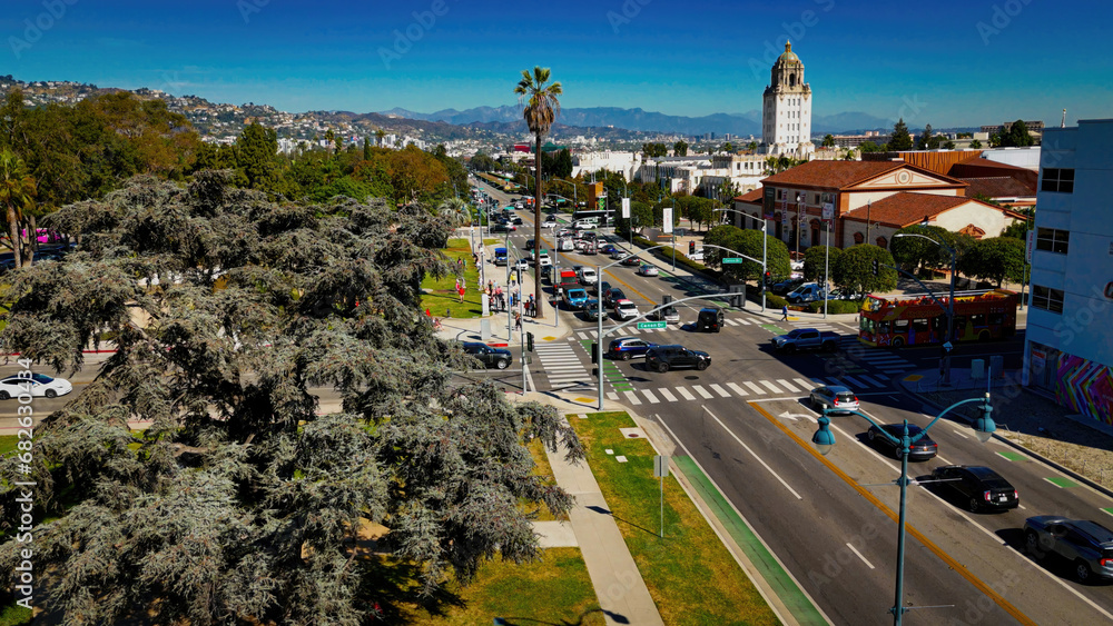 Aerial view over Santa Monica Boulevard in Beverly Hills with city hall and civic center - aerial photography