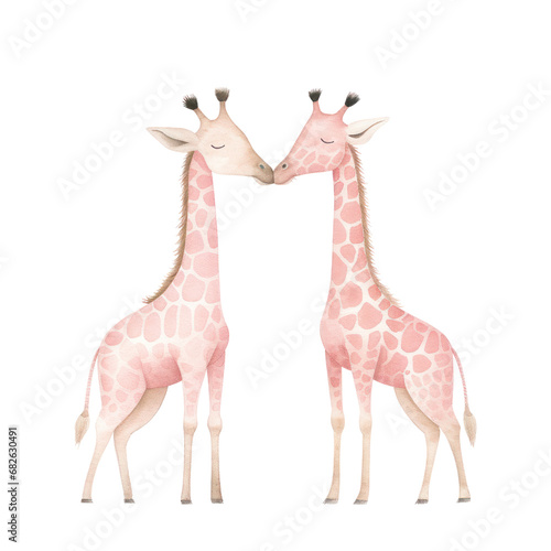 Watercolor illustration of couple giraffe  Cute character  Valentine concept  Isolated on background.