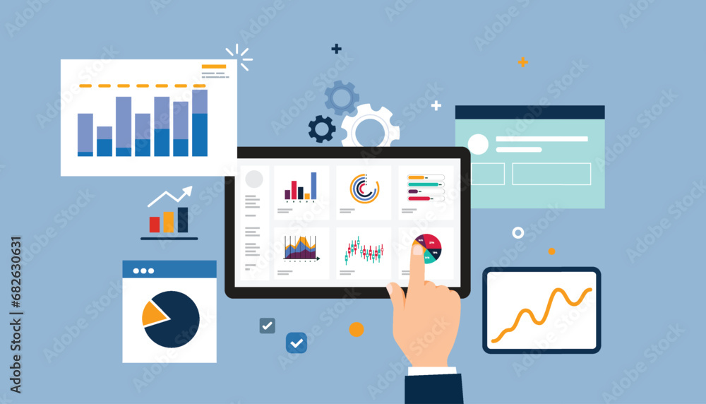 Flat business analytics graph on mobile or tablet device and finance investment planning background. Flat business analytics graph on mobile or tablet device and finance investment planning background.
