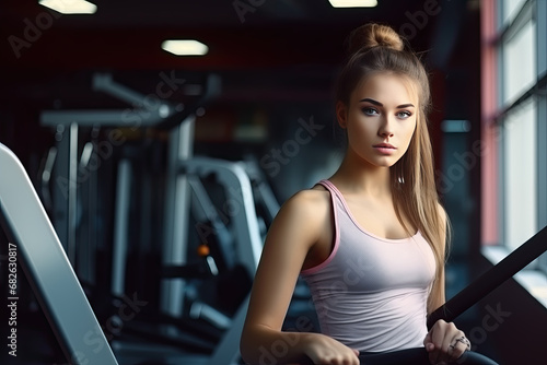 Portrait beautiful young caucasian woman workout in gym, woman in sportswear training and exercise for bodybuilder in fitness, motivation for health, one person, sport and healthcare concept.