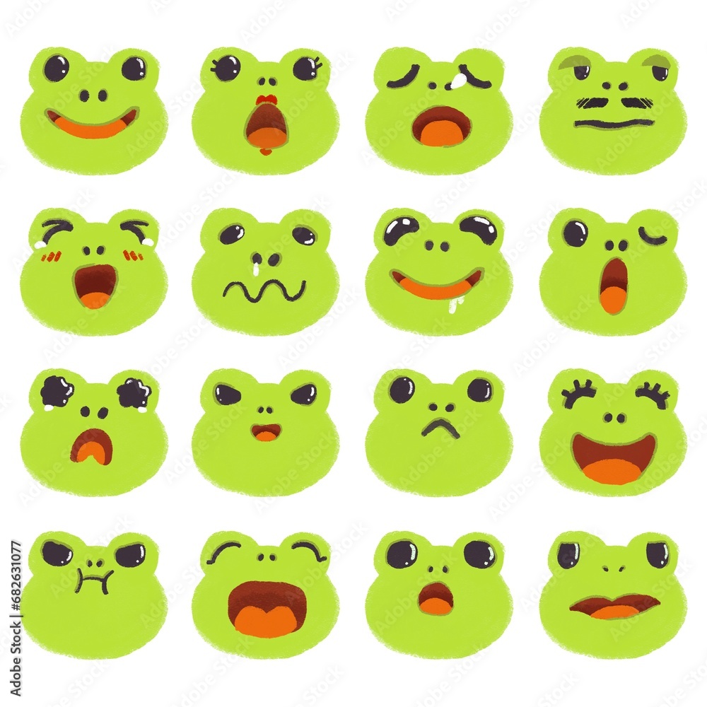 Collection of frog emoji faces with different mood. Set of cartoon emoji frog characters designs. Collection of frog emoji faces with different mood. Set of cartoon emoji frog characters designs.