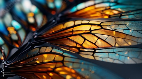 An extreme close-up of a dragonfly's intricate wing pattern, showcasing its remarkable beauty in mesmerizing