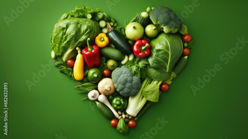  Hear tshaped fresh veggies on a green background. Happy vegan day.  photo
