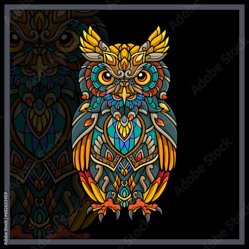 Colorful Owl mandala arts isolated on black background