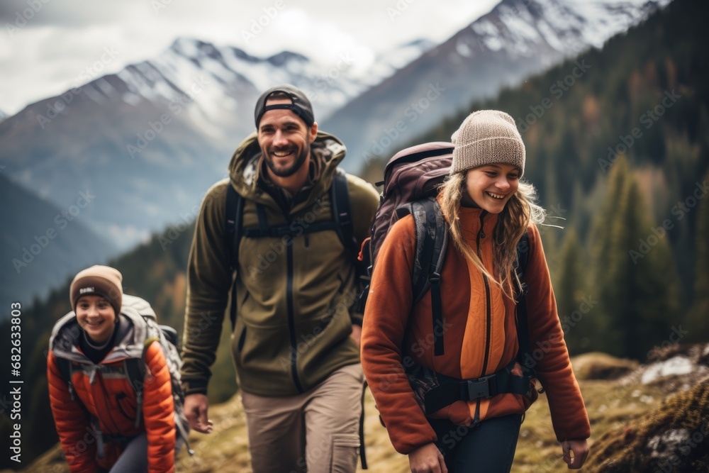 Group of people hiking in the mountains. Hikers with backpacks, a candid photo of a family and friends hiking together in the mountains in the vacation trip week, AI Generated