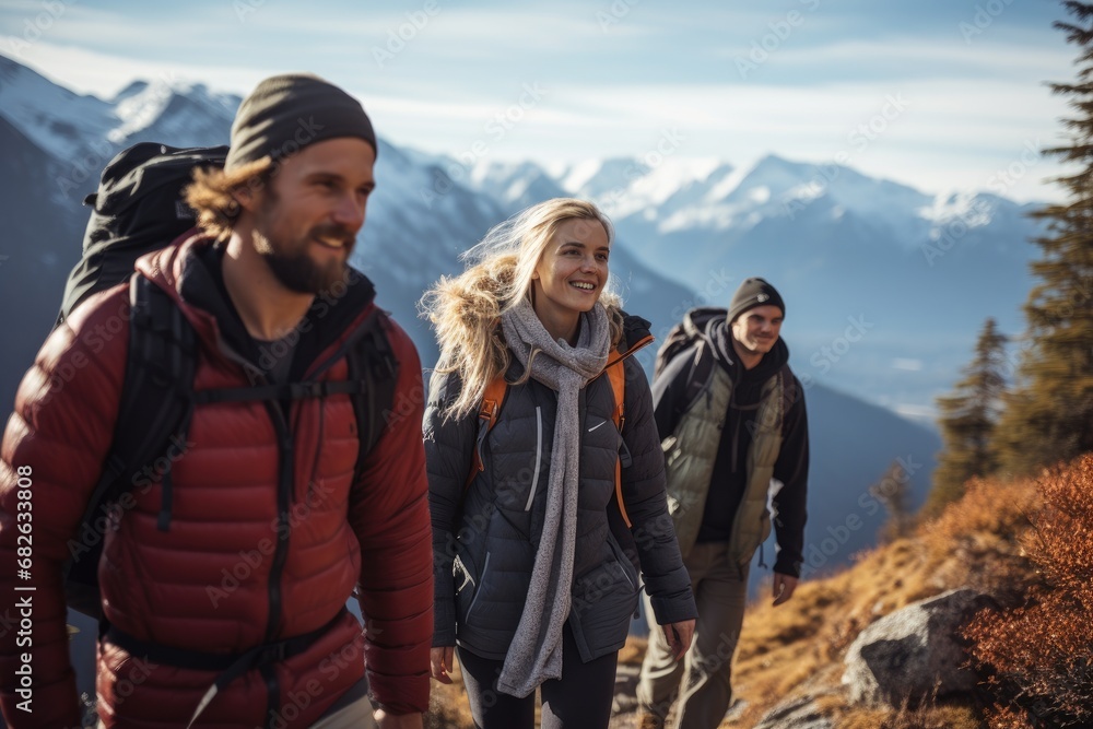 Group of friends hiking in the mountains. They are looking at camera and smiling, a candid photo of a family and friends hiking together in the mountains in the vacation trip week, AI Generated