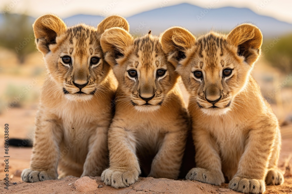 Lion cubs in the Kalahari desert in Namibia, a group of young small teenage lions curiously looking straight into the camera in the desert, AI Generated