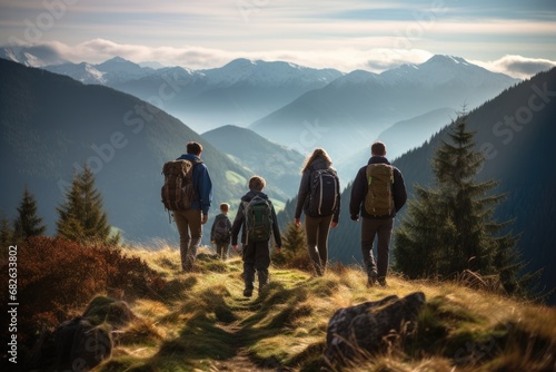 Group of hikers on top of a mountain in the Carpathiansm, a candid photo of a family and friends hiking together in the mountains in the vacation trip week, AI Generated