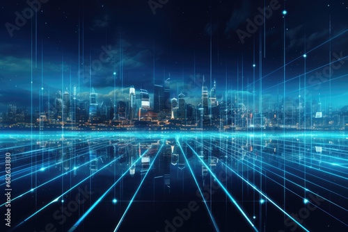 abstract digital technology concept with cityscape and binary code in blue tone, A futuristic urban city backdrop with blue network connection lines and a hologram effect, AI Generated