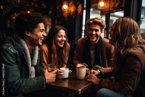 Group of young friends having a good time in a pub, drinking coffee and talking, A group of friends enjoying coffee together, AI Generated