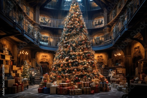 Christmas tree in the interior of a bookstore with Christmas gifts, A huge Christmas tree with bright lights and presents, AI Generated © Ifti Digital