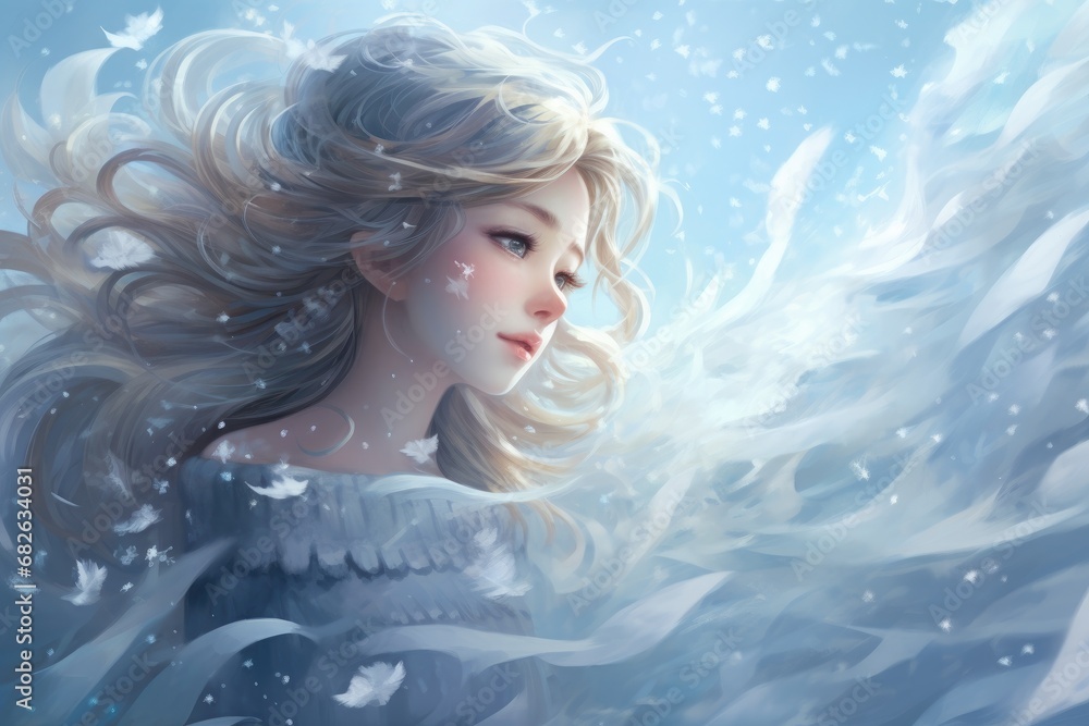 Winter fairy tale. Portrait of a beautiful blonde girl with long hair. Winter fairy tale, A mesmerizing scene of snowflakes drifting in the wind with soft colors and a dreamy atmosphere, AI Generated Winter fairy tale. Portrait of a beautiful blonde girl with long hair. Winter fairy tale, A mesmerizing scene of snowflakes drifting in the wind with soft colors and a dreamy atmosphere, AI Generated
