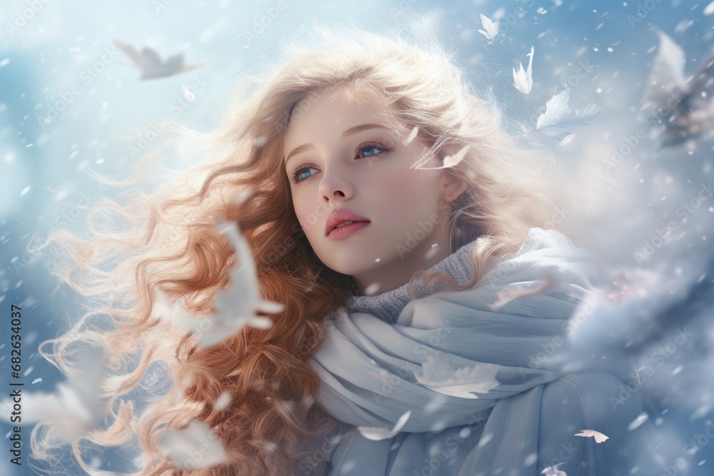Winter portrait of a beautiful young woman with long curly hair and flying birds, A mesmerizing scene of snowflakes drifting in the wind with soft colors and a dreamy atmosphere, AI Generated