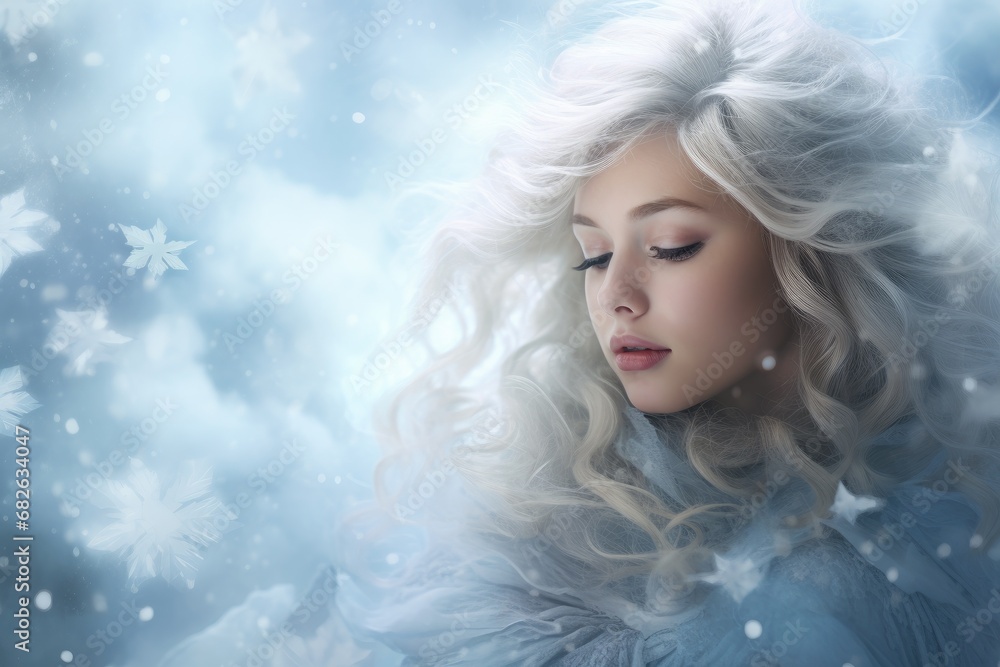 Winter beauty. Portrait of a beautiful blonde woman with long curly hair. Snowflakes, A mesmerizing scene of snowflakes drifting in the wind with soft colors and a dreamy atmosphere, AI Generated