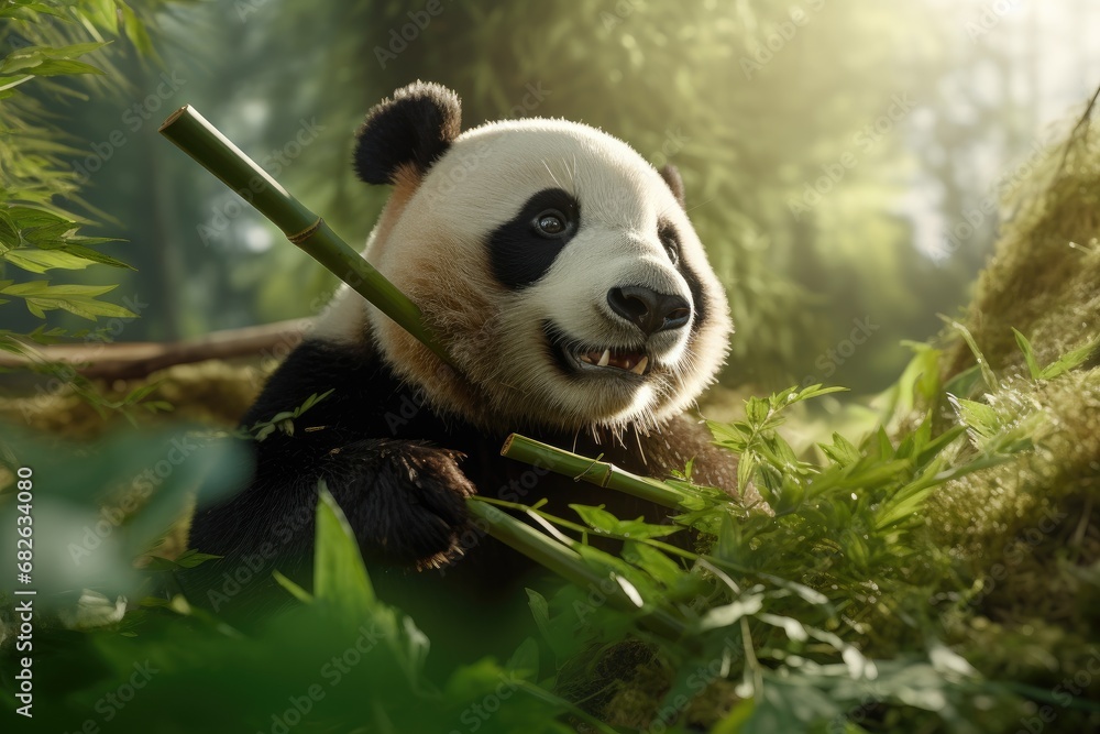 Obraz premium Giant panda bear eating bamboo in the forest, Chengdu, China, A panda chewing on bamboo, AI Generated