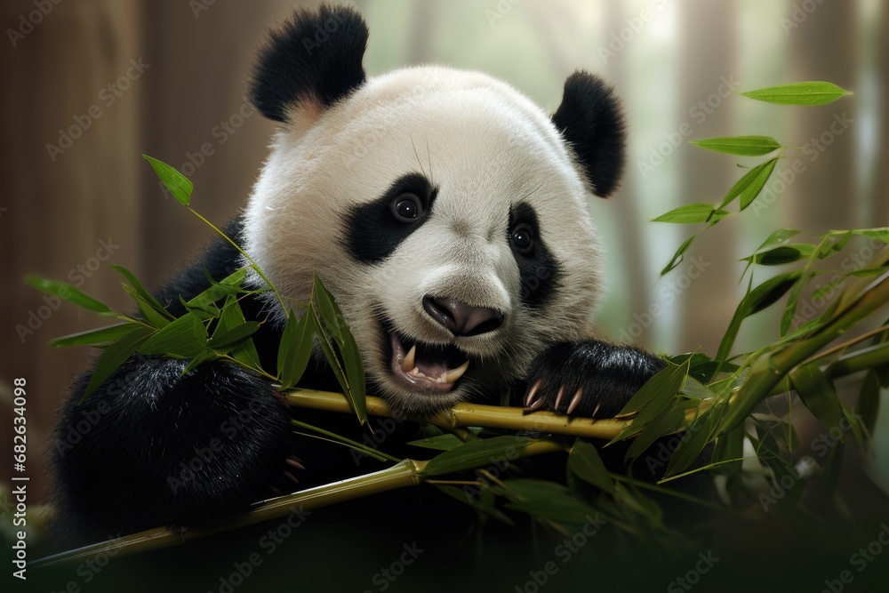 Fototapeta premium A giant panda bear eating bamboo leaves in a bamboo forest, A panda chewing on bamboo, AI Generated
