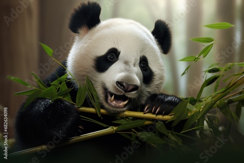 A giant panda bear eating bamboo leaves in a bamboo forest  A panda chewing on bamboo  AI Generated