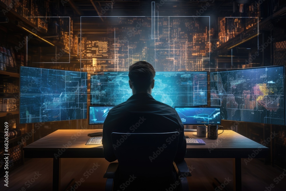 Silhouette of a hacker in a dark room with binary code on the wall, A software engineer engaged in computer work involving data analysis and AI algorithms, captured from the rear view, AI Generated Silhouette of a hacker in a dark room with binary code on the wall, A software engineer engaged in computer work involving data analysis and AI algorithms, captured from the rear view, AI Generated