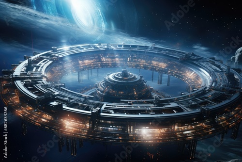 Futuristic space station. Science fiction scene. 3D rendering, A space station orbiting a planet with digital waves, advanced technology, and holographic displays, AI Generated