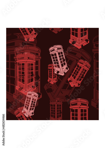 Editable Dark Background Three-Quarter Oblique View Flat Grunge Style Typical Traditional English Telephone Booth Vector Illustration as Seamless Pattern for England Culture Tradition and History